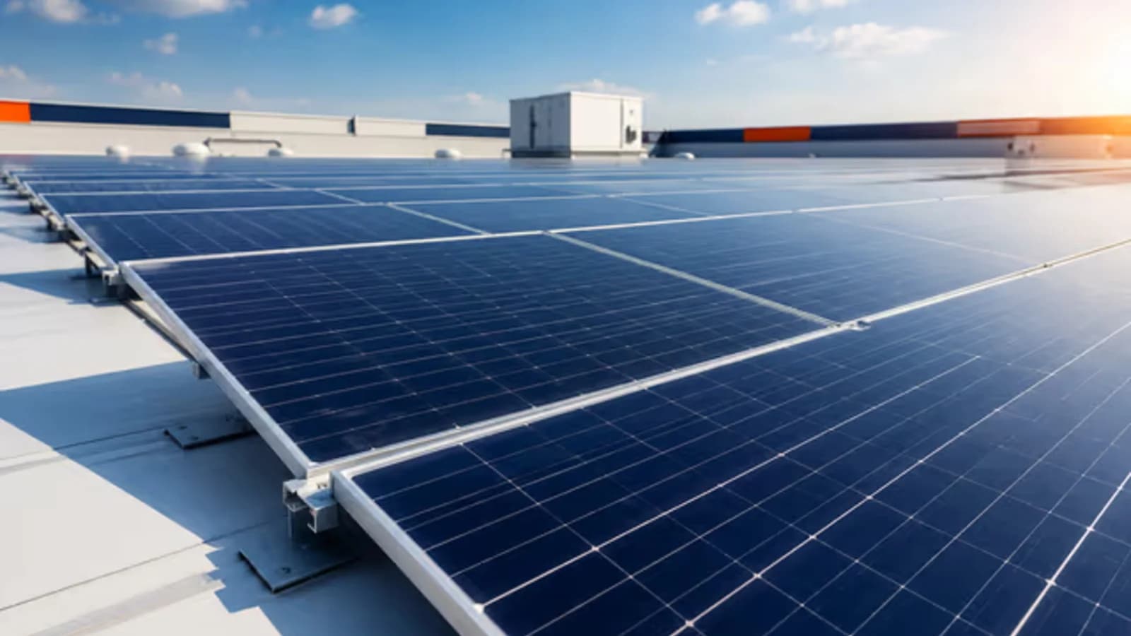 Paneles solares instalados en techo comercial